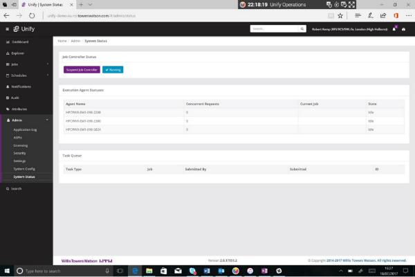 Figure 7: The Unify system status page showing the status of the job controller and the execution agents associated with it. The ability to suspend the job controller is also available on this page