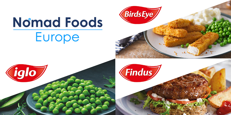 Nomad Foods logo with images of peas, fish sticks and veggie burger