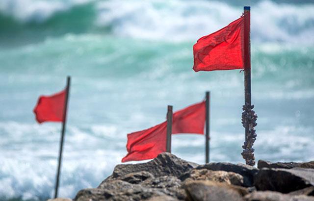 Four wind-blown red flags on a beach with water in the background