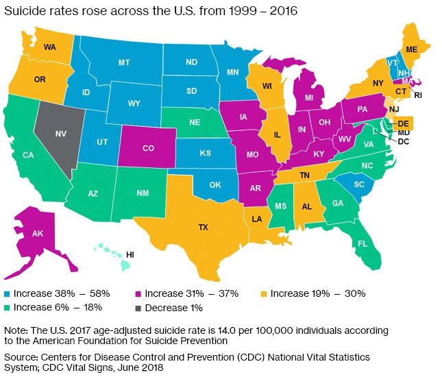 Suicide rates across the U.S. from 1999 to 2016