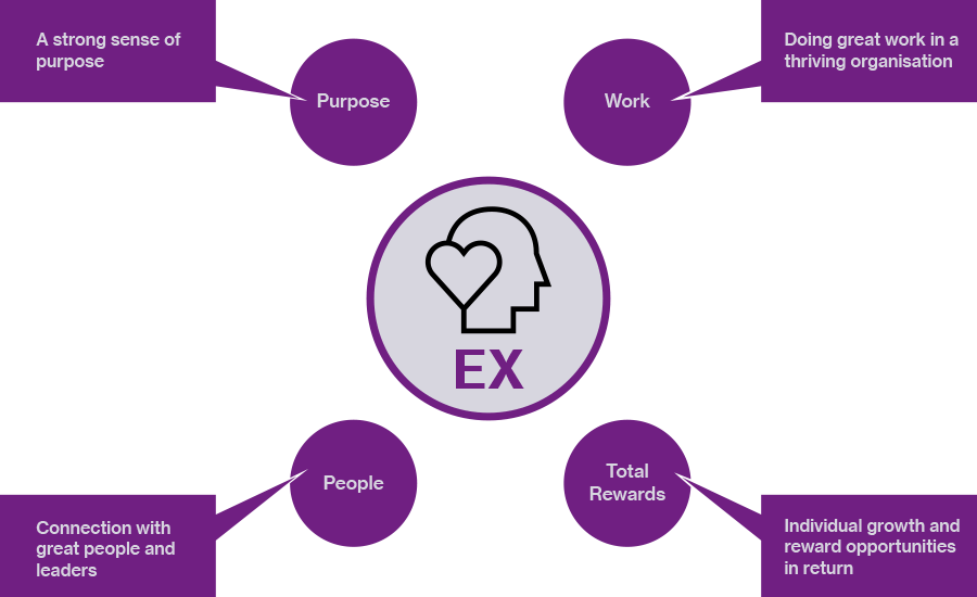 A graphic illustrating the four dimensions of Employee Experience: Purpose, Work, People, and Total Rewards