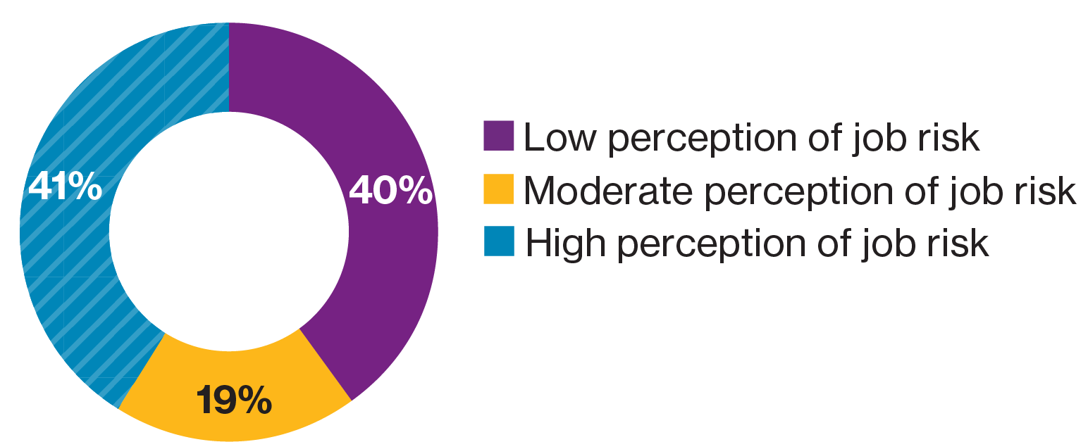 Pie chart shows proportion of worker's perceived level of risk that job is likely to be taken over by automation or offshoring in the next decade. Forty percent cited low perception of job risk, 19% cite moderate perception of job risk and 41% cite high perception of job risk. 