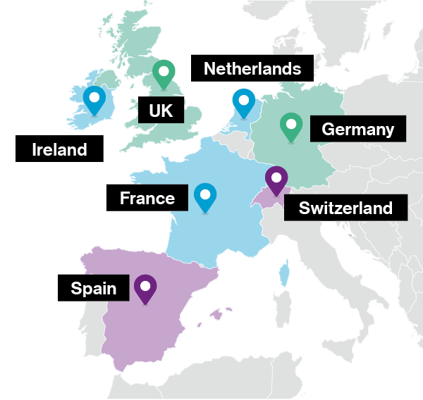 Map of Europe highlighting countries including: UK, Ireland, Netherlands, Germany, Switzerland, Spain and France.