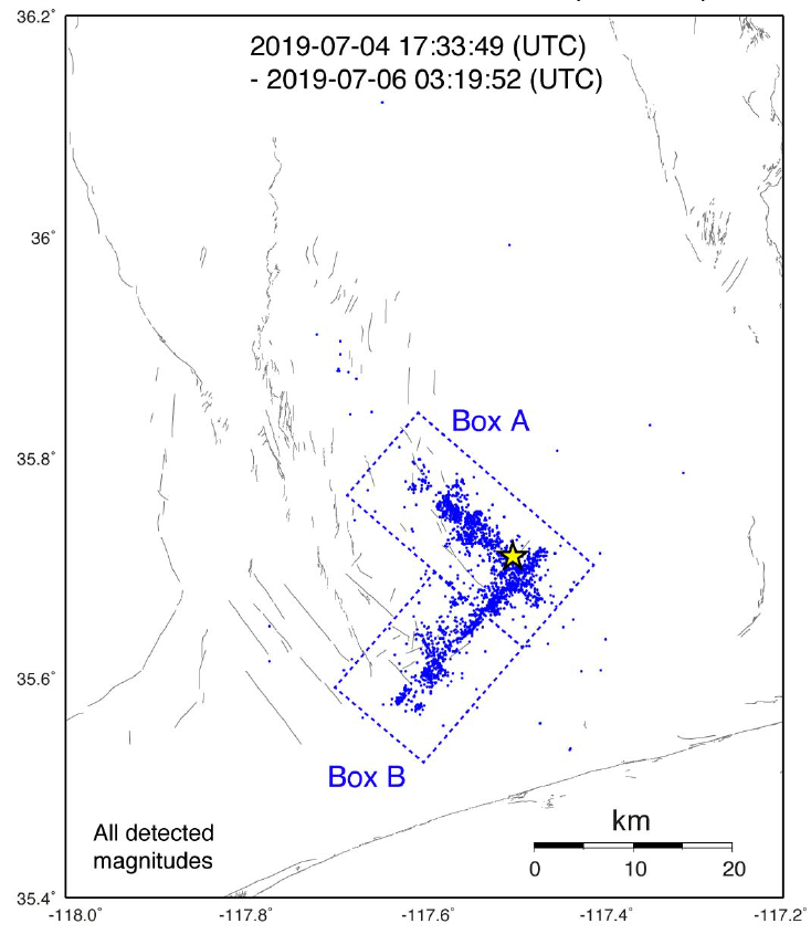 Evidence - Aftershocks occurring between 4th and 6th July have been well identified by the forecast; they are mostly observed within boxes A & B and correlating well with areas of stress increase (red) from the Coulomb stress analysis