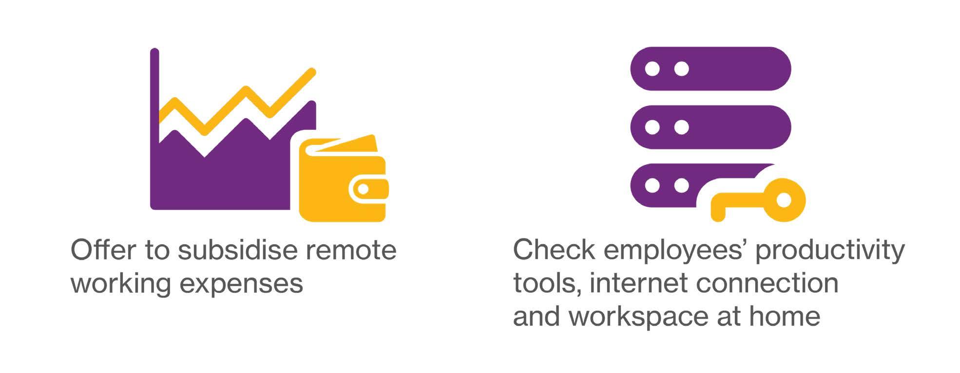 Organisations may offer to subsidise remote working expenses, and check employees’ productivity tools, internet connection and workspace at home.
