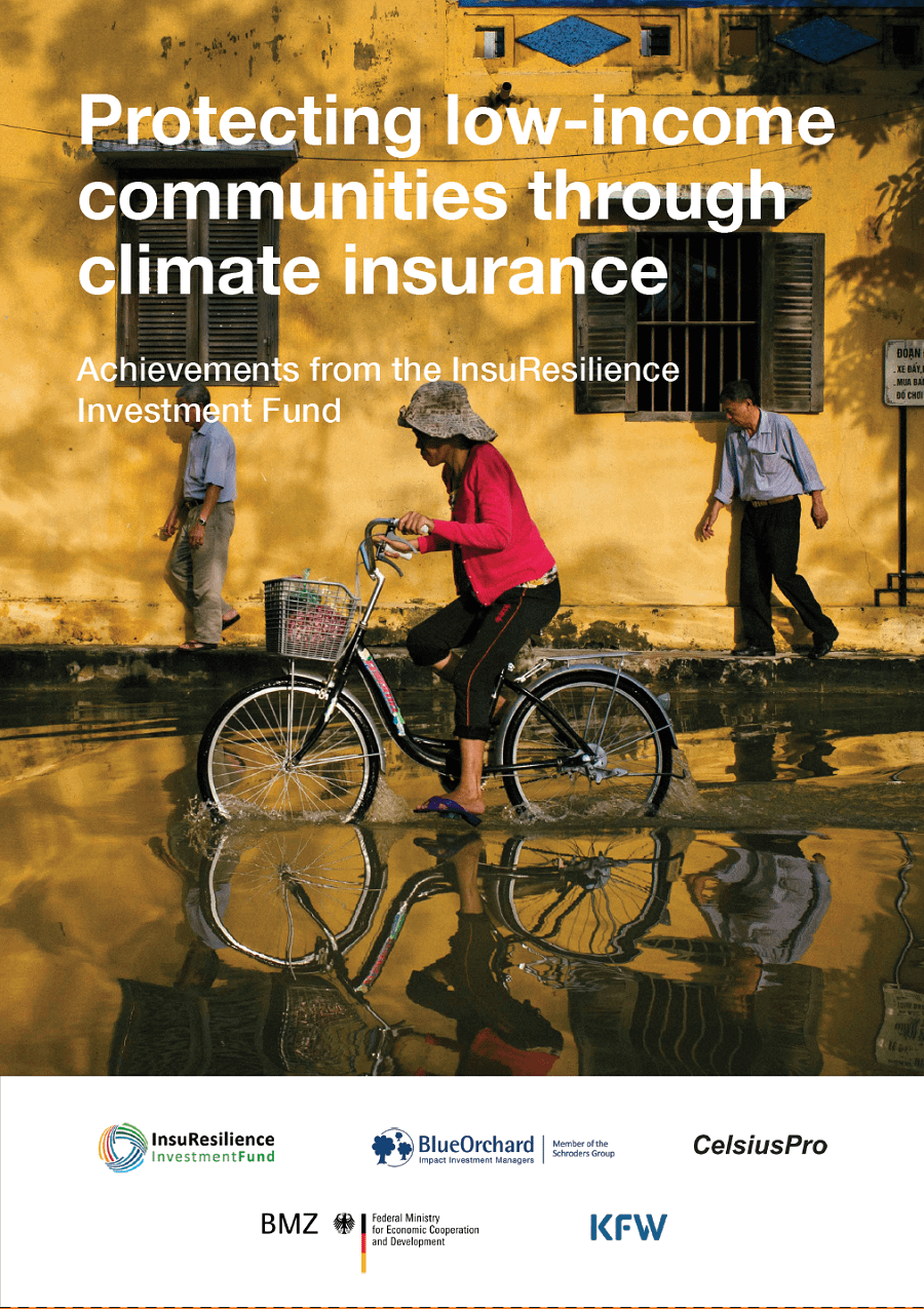 The front cover of the “Protecting low-income communities through climate insurance” report, published by 