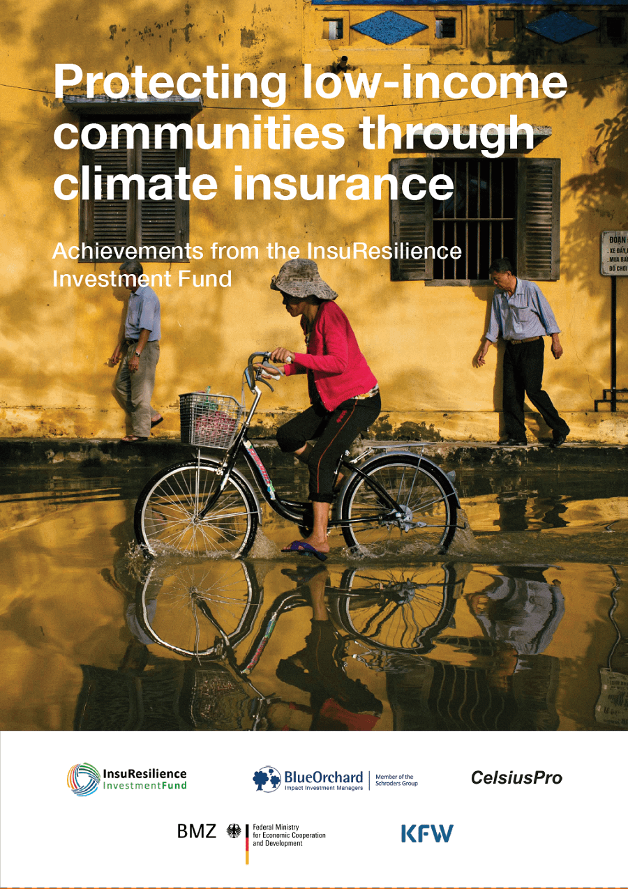 The front cover of the “Protecting low-income communities through climate insurance” report, published by