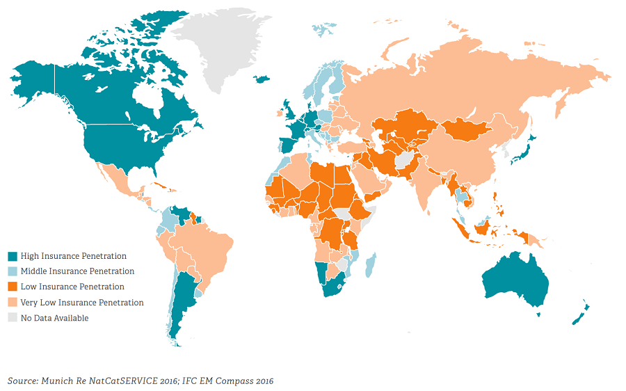 A world map showing the relative insurance market penetration of property and casualty insurance in countries around the world.