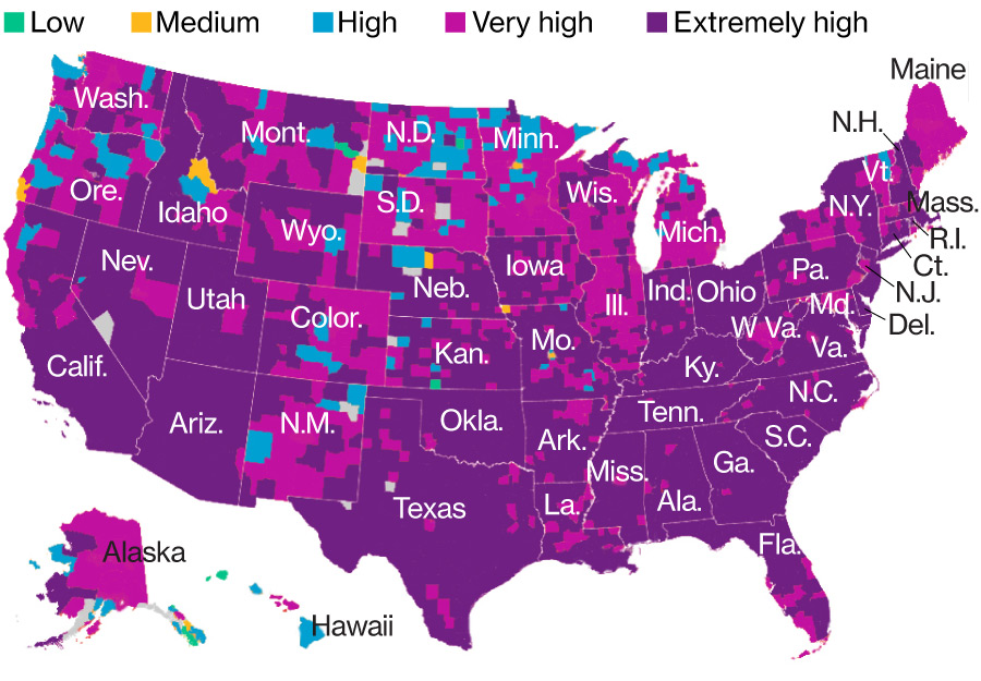Risk levels remain extremely to very high throughout the majority of the U.S. for the month of January