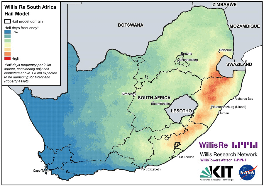 The figure is a map of the entire of South Africa with shaded colour showing the frequency of hail days at a 2 km resolution.