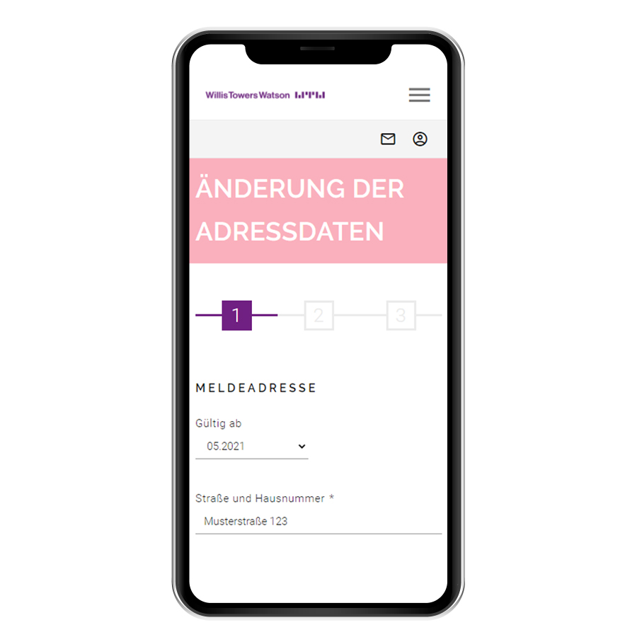 Muster-Ansicht für Online-Service (Beispiel: unkomplizierte Änderung von Adressdaten via Smartphone)