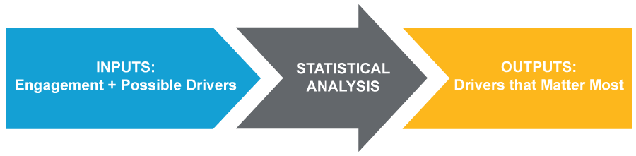Image of box on left representing inputs into employee engagement, like surveys and other possible drivers of engagement. Box is followed by an arrow representing statistical analysis, in this case, multiple regression analysis, a technique to identify drivers that matter that most in employee engagement. Finally the arrow flows into a box representing outputs of the analysis that best predict engagement scores.
