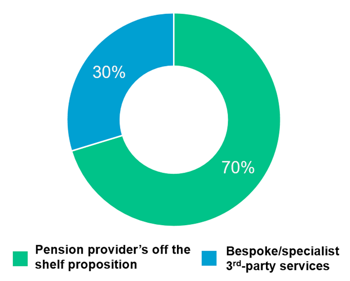 Pie chart showing the support available to members at retirement. 70% have an off the shelf solution. 30% have bespoke or specialist services available.