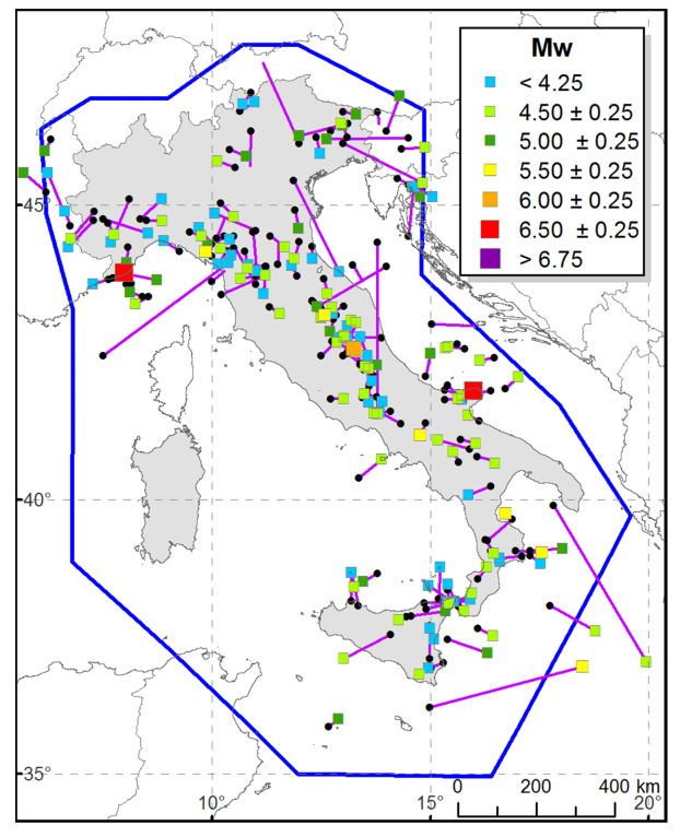 Map showing the relocation of earthquake locations from black dots to coloured squares in CPTI15 thanks to updated macroseismic data.