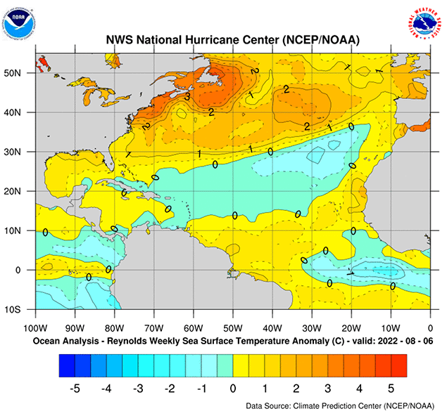 Departure of weekly average sea surface temperature from a long-term average (°C) valid on Aug 6, 2022.