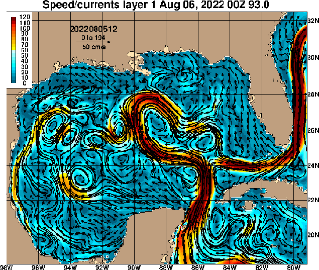 Figure 2 Upper Ocean currents (cm/s) valid on Aug 6, 2022.