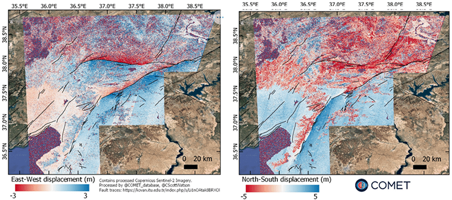 East-West and North-South displacement from both Mw7.8 and Mw 7.5 events using Sentinel-2 satellite data - Description below