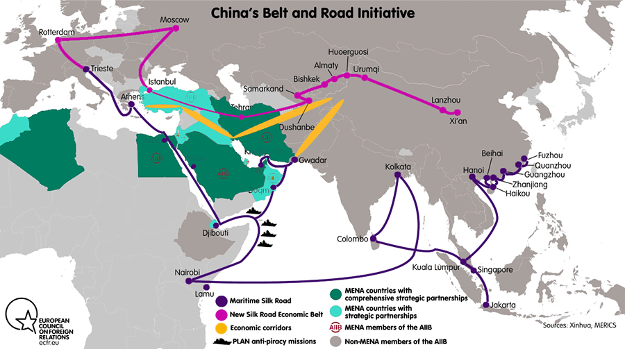 Figure of a flat global map showing China’s Belt & Road routes across the relevant countries.