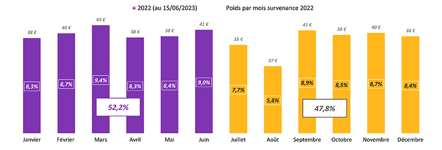 Ce graphique représente la répartition de la consommation par mois et son poids par semestre.
