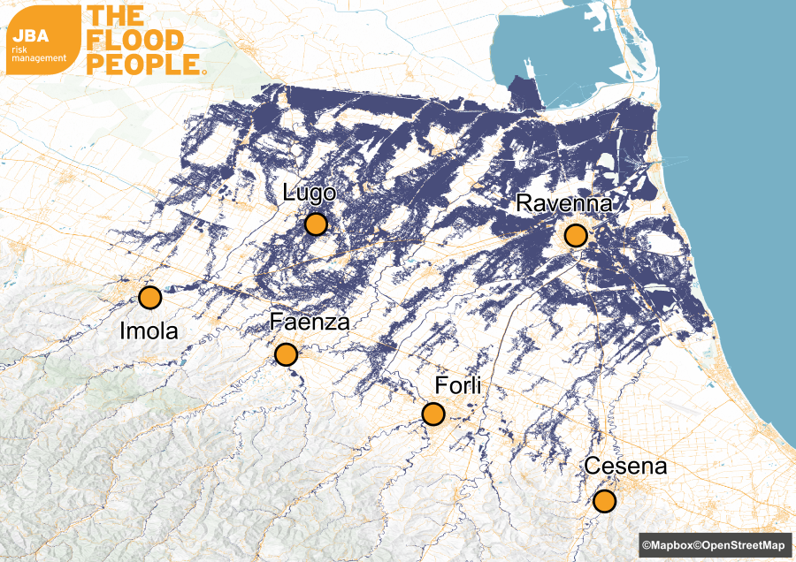 Map of flooding in Emilia-Romagna's Po Valley from 15 to 17 May from JBA Flood People.