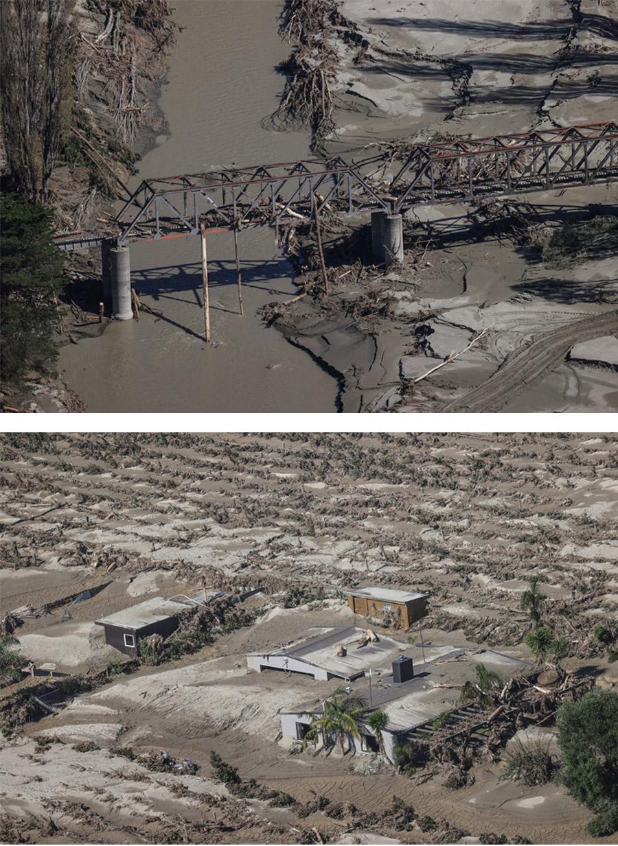 Top Image : forestry debris piled up on a railway bridge over the River Esk showing magnitude of exceedance of design standards.