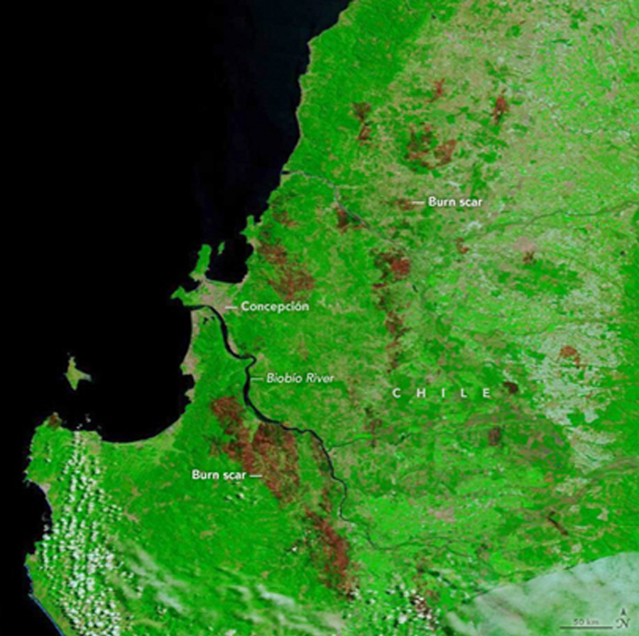 Map from NASA showing burned area from February 2023 wildfires in south-central Chille