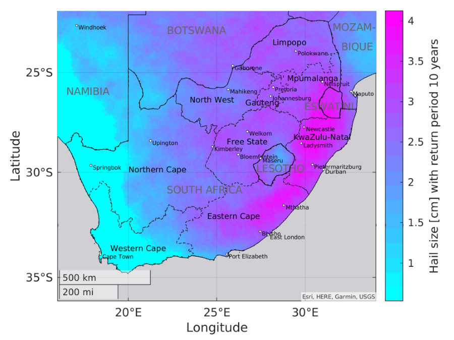 Map of South Africa, showing hail size occurring once in 10 years, computed as the lowest hail diameter class with the stochastic hail model.