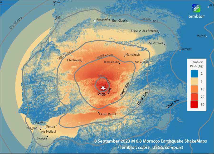 Image of shaking comparison between Temblor & USGS