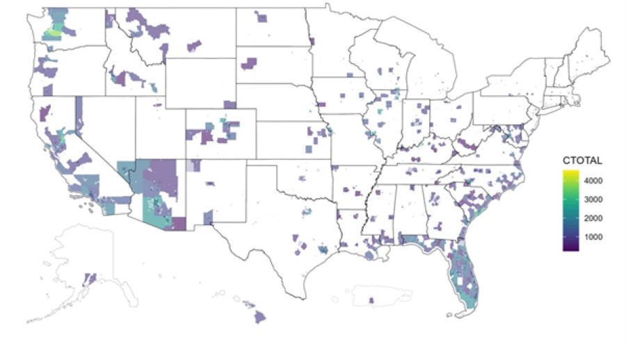 Colour coded map of United States showing total number of points attained by communities in 2019 in the CRS.