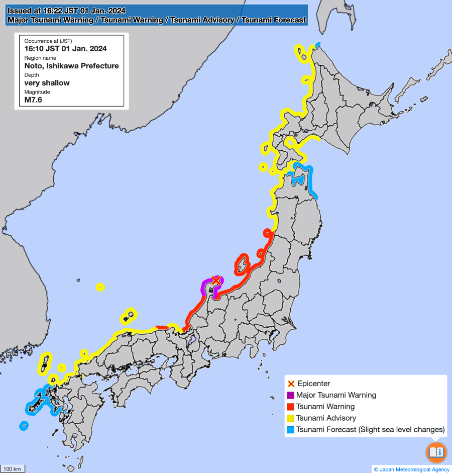Map showing tsunami warnings issued on 1 January 2024 in 4 stages from forecast to warning.