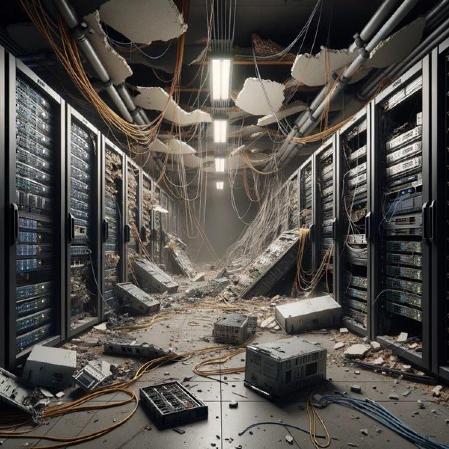 A ChatGPT/DALL-E3 generated photo of the inside of a computer server destroyed by earthquake.