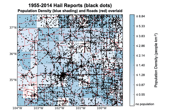 Map marking locations of all hail sightings in North Texas between 1955 and 2014.