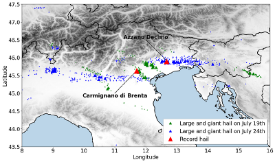 Map of Italian region showing hail as reported in the European Severe Weather Database from July 19 and July 24, 2023.