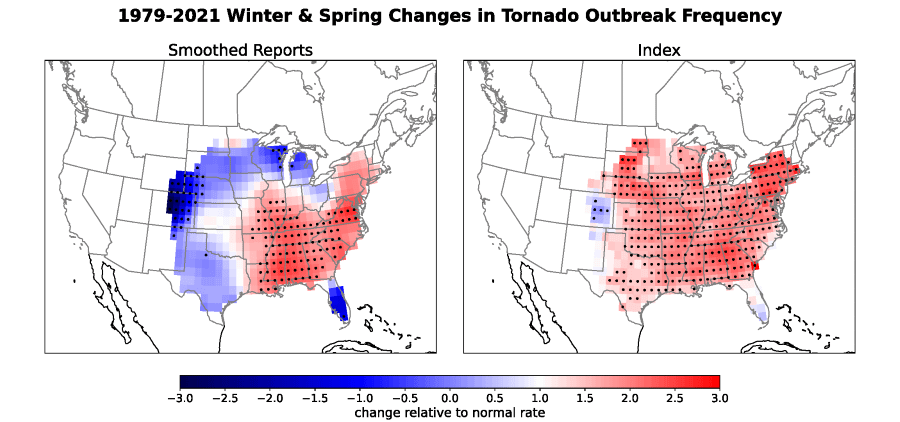 maps of U.S. showing relative change in frequency of tornado outbreaks in winter and spring between 1979 and 2021.