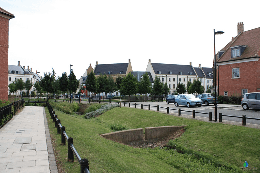 Photo of a sustainable drainage system in a new housing development in UK.