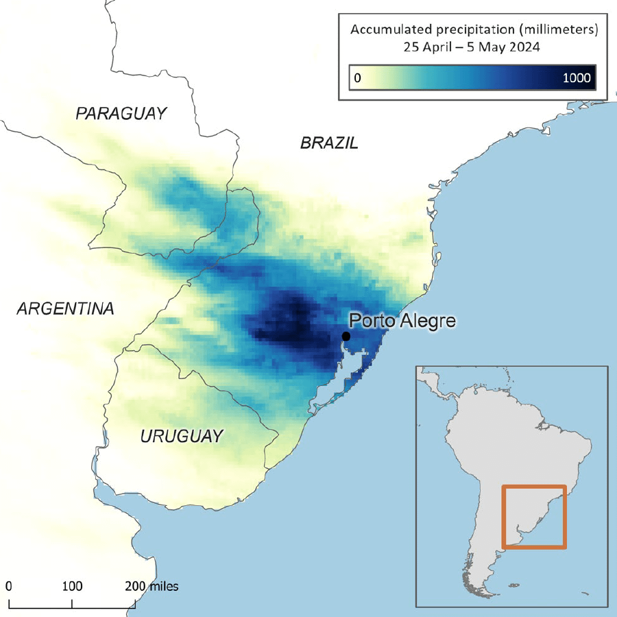 Map of Brazil, Paraguay, Argentina and Uruguay showing precipitation in mm between 25 April and 5 May 2024.