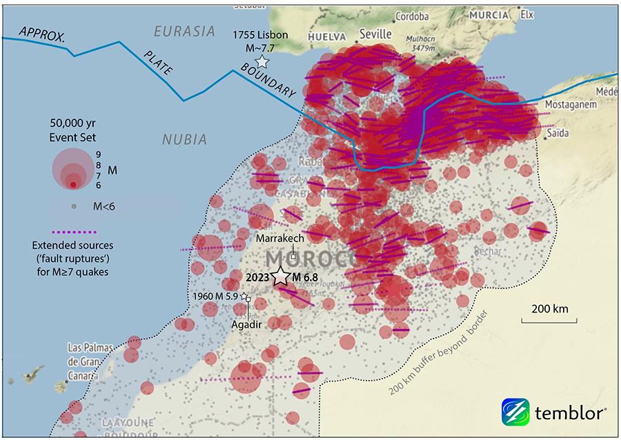 Temblor’s 50,000-year stochastic event set for Morocco showing on a map and includes the Plate Boundary.