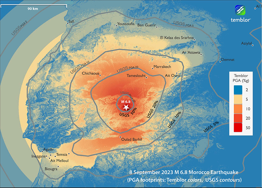 Image of Temblor’s 100 meter resolution shaking footprint coloured by PGA.