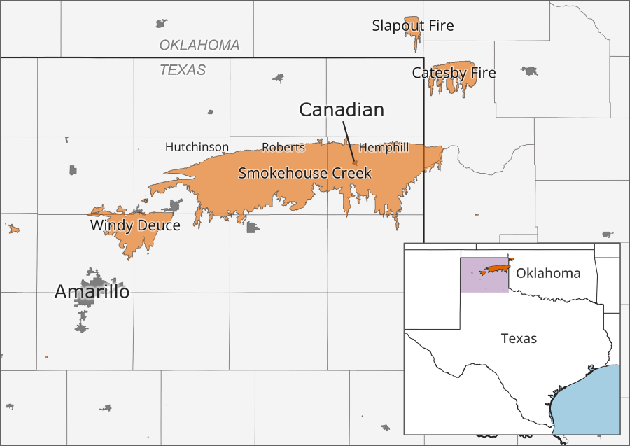 Map showing extents of largest fires in Texas and Oklahoma between February and March 2024.