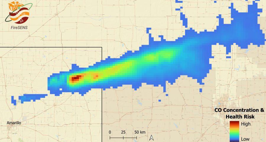 Thermal image showing carbon monoxide plumage using Sentinel-5P TROPOMI sensor on 27 February 2024 with highest concentrations causing highest adverse health impacts.