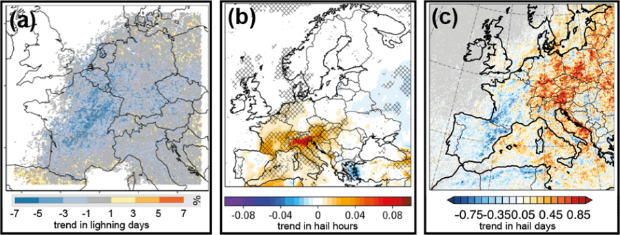 3 maps showing differet biews of hail risk