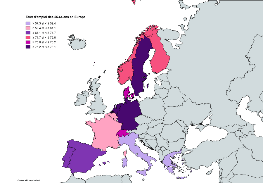 Cette carte représente le taux d'emploi des 55-64 ans en Europe en fonction des différents pays : 