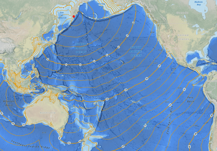 Figure 1. Estimated tsunami wave travel times from Petropavlosk.