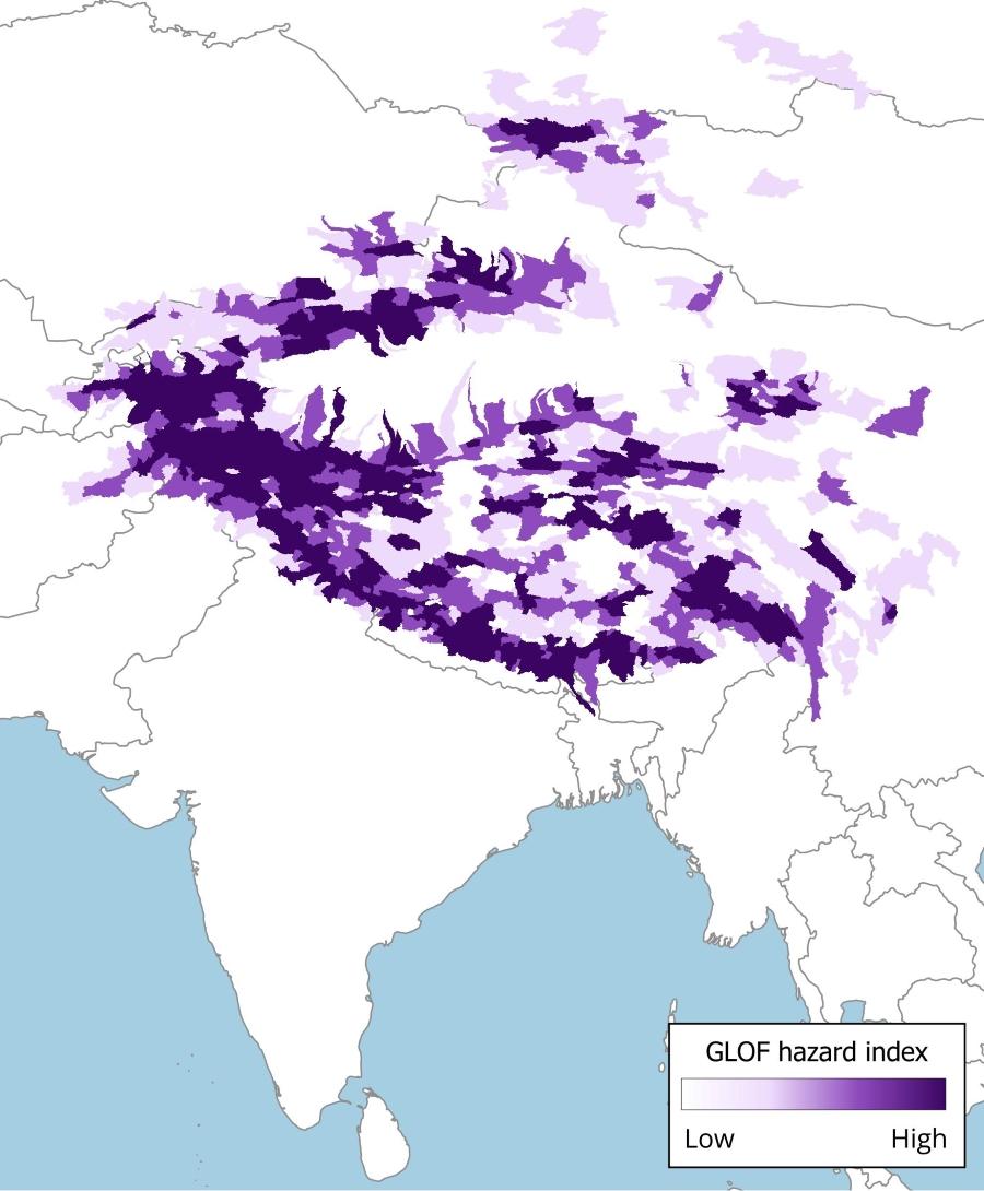 Map showing WTW GLOF hazard index at the level of each river catchment in the Himalayan region for the present-day climate