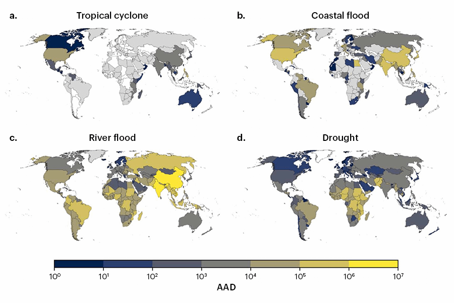 Figure 2. Average annual number of people displaced due to (a) tropical cyclones, (b) coastal floods, (c) river floods and 