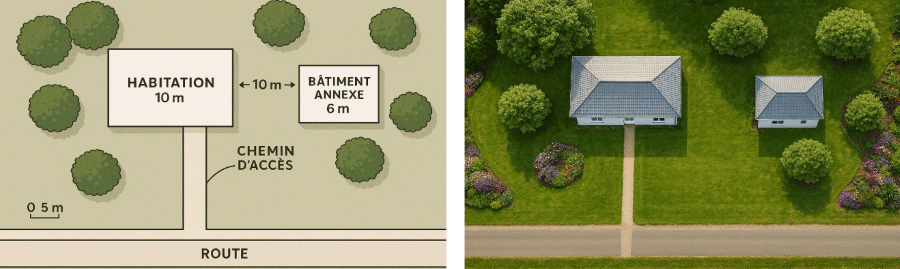 A droite photo aérienne, à gauche son interprétation créer par Copilot identifiant les zones d'habitation de 10 mètres, le bâtiment annexe de 6 mètres, le chemin d'accès et la route.