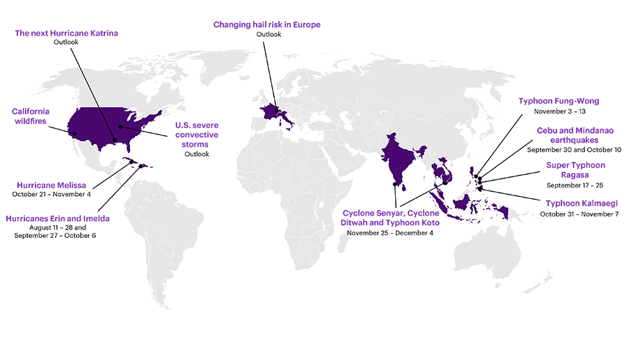 Map marking locations of selected natural catastrophes in 2025