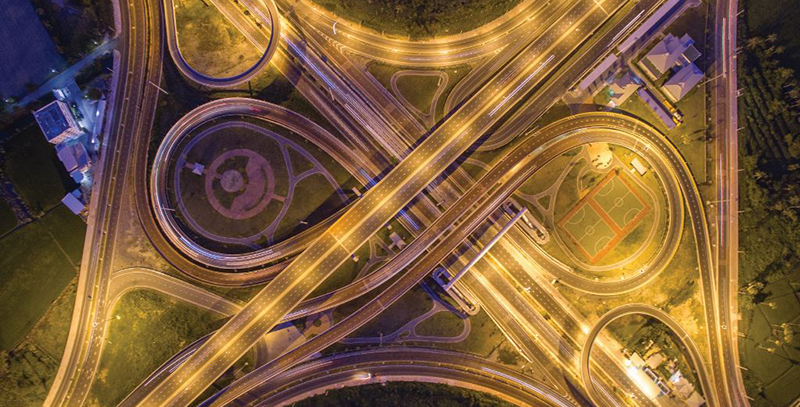 Aerial image of freeway interchange at night