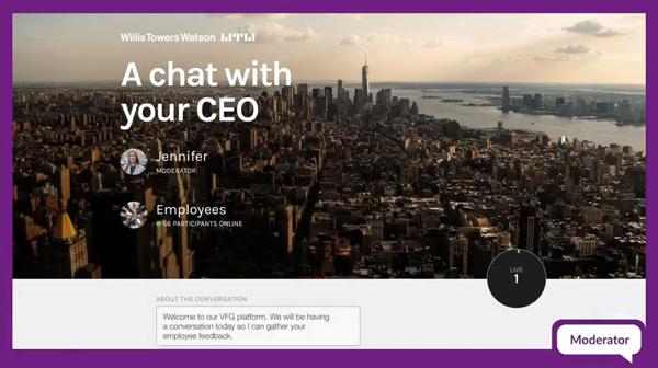 A chat with your CEO  with a cityscape in the background