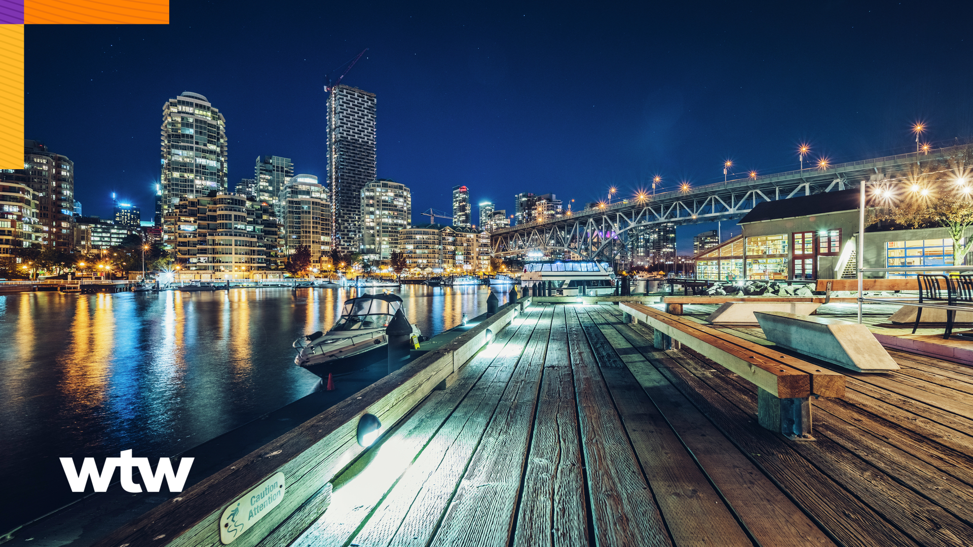 'a dock with a bridge and a city at night'